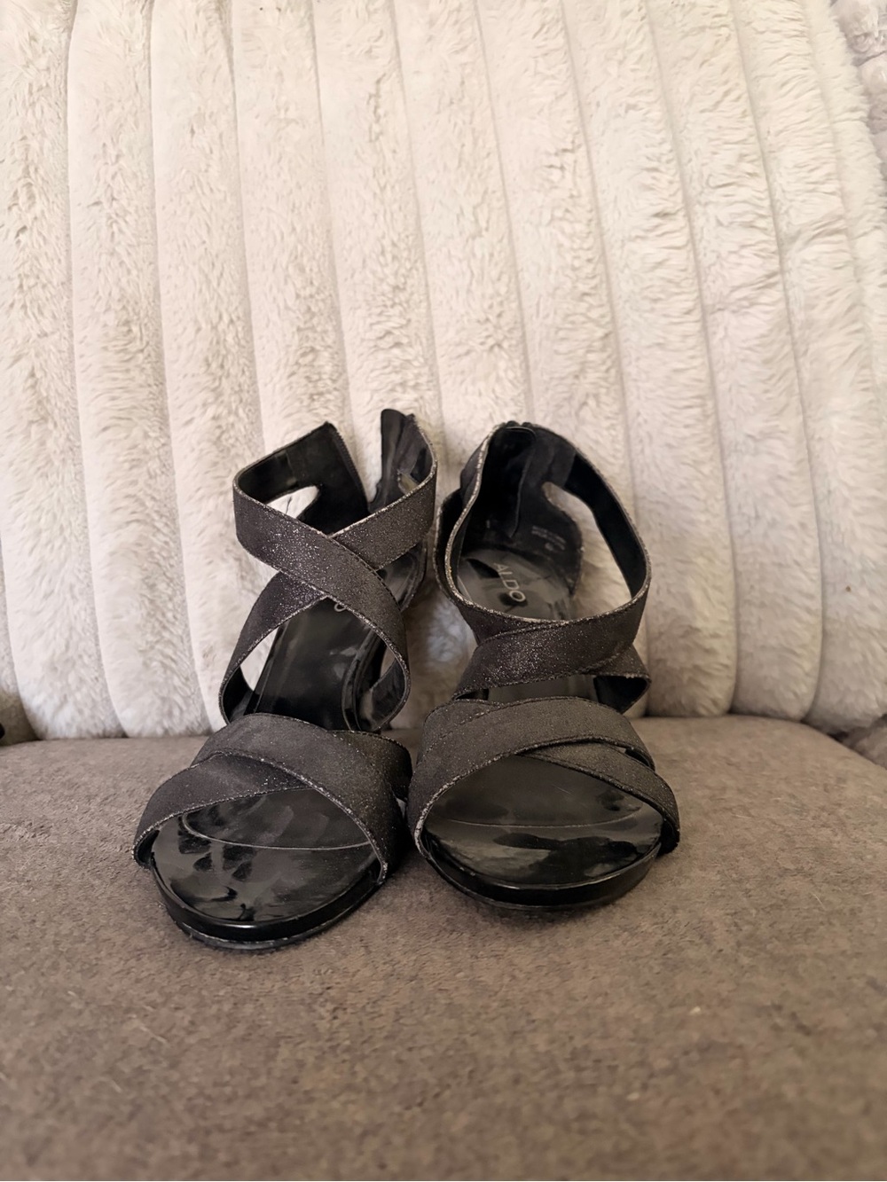 Aldo Black Glitter Crisscross Open-Toe Heels